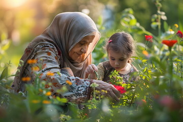 An indian grandmother gardening with granddaughter