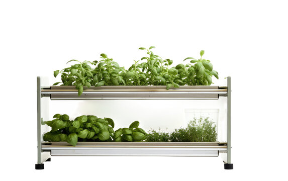 A photo featuring a couple of metal shelves filled with various types of plants. on White or PNG Transparent Background.
