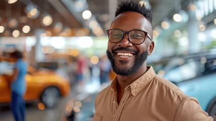 Happy car buyer: Smiling African American man with beard and glasses - obrazy, fototapety, plakaty