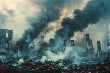 A city in ruins with fire and smoke surrounding