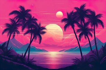 Obraz premium Silhouette of palm tree Panorama of sunset of tropical coastline Purple sunset with clouds Violet sunset 