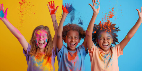 Exuberant Holi Festival Colors Explosion. Joyful children celebrating Holi with vibrant colored powders in the air, festive mood.	
