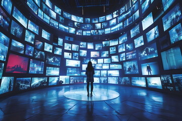 A woman standing in front of a huge display watching different slides