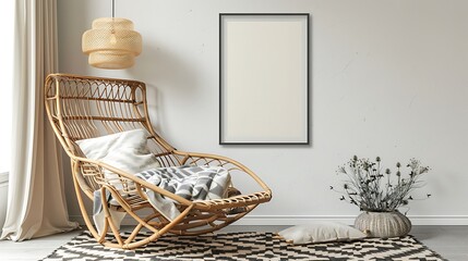 A mockup poster blank frame hanging on a wicker rocking chair, next to a geometric rug, with a minimalist lamp for lighting, in light and airy pastels