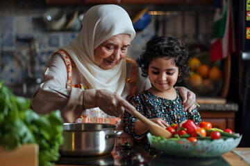 arabian grandmother and granddaughter cooking together in the kitchen - obrazy, fototapety, plakaty