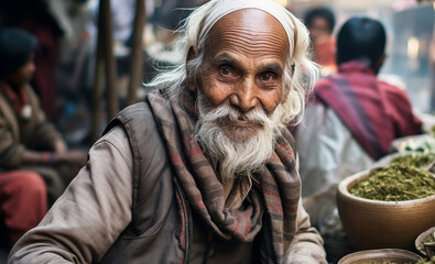 Portrait of aged calm smiling face of old Hindu Man selling a various spices in shop on the indian street market. Agriculture industry, food industry, working people and traveling concept image. - obrazy, fototapety, plakaty