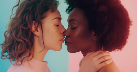 Portrait of young interracial lesbian couple kissing - obrazy, fototapety, plakaty