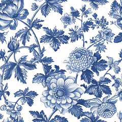 Vintage Botanical seamless pattern. Toile de Jouy pattern. Blue flowers on a white background. Nature background. Wallpaper design.