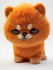 A cute and fluffy stylized orange Pomeranian character with large expressive eyes standing against a white background.

