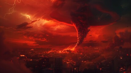 Apocalyptic City Tornado Scene - A surreal depiction of a tornado ravaging through an urban landscape under a tumultuous red sky, invoking a sense of end times and nature's fury.