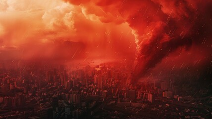 Obraz na płótnie Canvas City's Fiery Twister - A massive twister engulfs a city in flames, symbolizing destruction and the overwhelming power of nature.