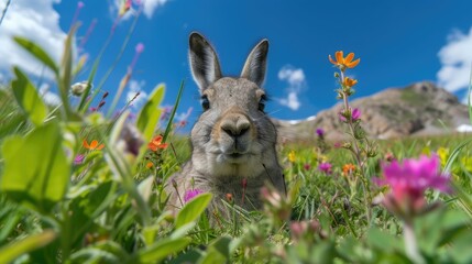 Obraz premium Close-up of a curious viscacha peeking through a colorful meadow of wildflowers under a bright blue sky. 