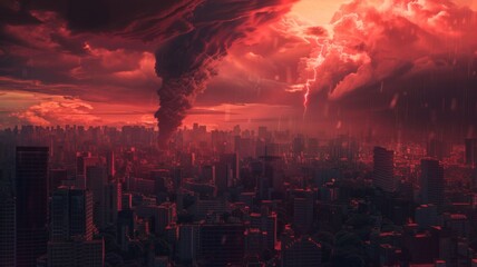 Volcanic Eruption Urban Nightmare - The sheer force of a volcanic eruption over a densely populated city, with ash clouds and lightning, evokes fear and the power of earth.