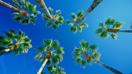 Tropical Palm Canopy Under Blue Sky - Upward view of tall palmtrees converging into a clear blue sky, offering a unique perspective on tropical beauty and natural patterns.