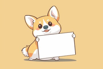 Cartoon illustration of an adorable Corgi dog standing next to a blank signboard, perfect for custom messages and advertisements.	