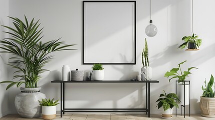 A mockup poster blank frame in a Scandinavian-inspired interior, above a minimalist console table,...