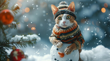 a sphynx cat wearing a sweater and a hat standing on a snowman. background with a snowy landscape and a pine tree. - obrazy, fototapety, plakaty