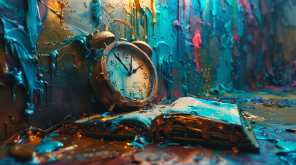 Submerged Clock in a Deluge of Paint Overwhelms Open Book