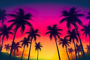 Fototapeta na wymiar Silhouette of palm tree Panorama of sunset of tropical coastline Purple sunset with clouds Violet sunset 