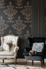 Black wallpaper with damask pattern background