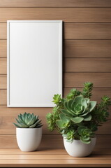 Poster Mockup with Lush Succulents on Wooden Shelf Background