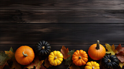 A group of pumpkins with dried autumn leaves and twigs, on a black color wood boards