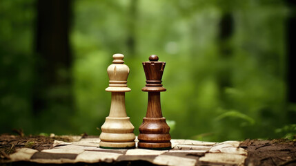 Concept. Chess piece in the foreground, blurred forest background