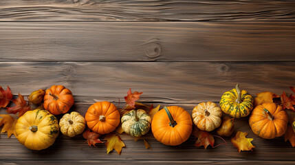 A group of pumpkins with dried autumn leaves and twigs, on a gray color wood boards