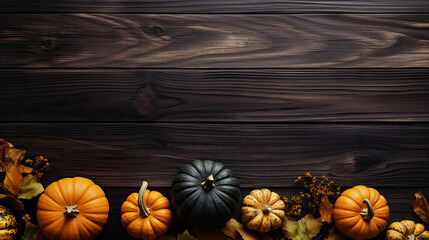 A group of pumpkins with dried autumn leaves and twigs, on a dark gray color wood boards