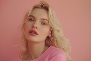 Blonde woman poses confidently against soft pink backdrop radiating natural beauty. Concept Portrait Photography, Confidence, Soft Colors, Natural Beauty, Poses