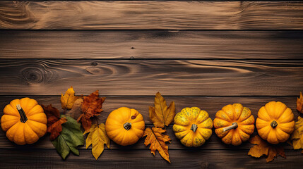 A group of pumpkins with dried autumn leaves and twigs, on a orange color wood boards