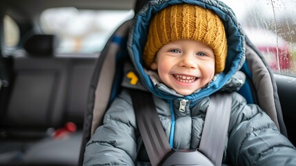 Cheerful child in car seat, safe travel concept with happy kid in vehicle restraint