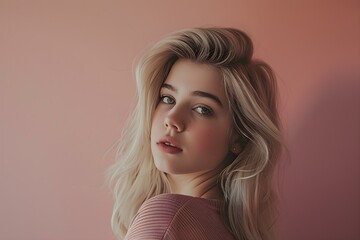 Naklejka premium Radiant Blonde Woman Poses Confidently Against Soft Pink Backdrop. Concept Portrait Photography, Studio Setup, Posed Photoshoot, Beauty and Fashion, Expressive Poses