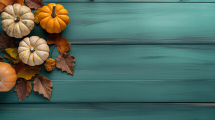 A group of pumpkins with dried autumn leaves and twigs, on a aqua color wood boards