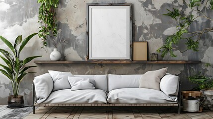 A mockup poster blank frame hanging on a rustic shelf unit, above a stylish sofa, lounge, Scandinavian style interior design