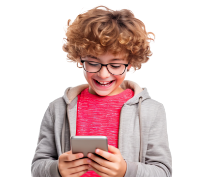 Happy young boy holding cellphone, cut out