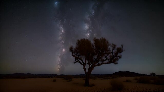 Stunning display of the Milky Way galaxy arching above solitary Joshua tree in a desert landscape at night