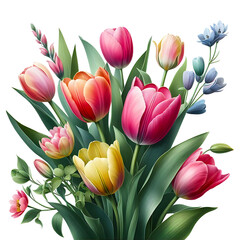 Obraz premium bouquet of tulips flowers with leaves isolated on transparent background