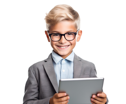 Happy smart boy holding tablet, cut out