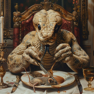 A monstrous surrealism painting of a snake with human arms and legs, holding a knife and a fork, ready to eat a mouse.