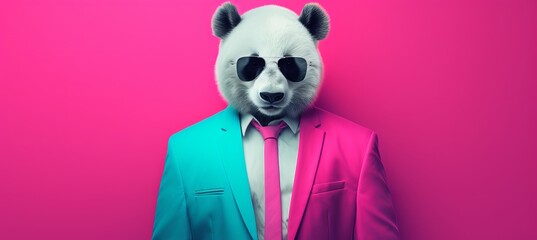 Anthropomorphic panda in business attire working in studio with space for text placement