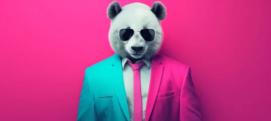 Poster Anthropomorphic panda in business attire working in studio with space for text placement © Ilja