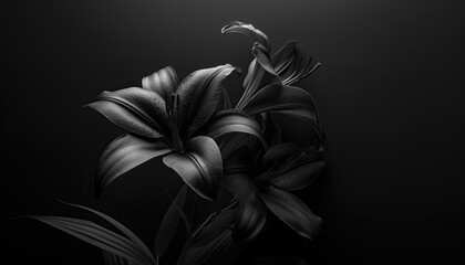 Still black wallpaper, lily flowers on a dark background, minimal. 3d illustration.