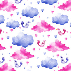 Watercolor seamless pattern for children's room with cute clouds, stars and moon