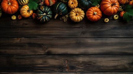 A group of pumpkins with dried autumn leaves and twigs, on a dark green color wood boards