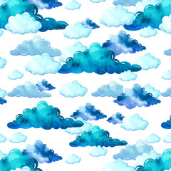 Watercolor seamless pattern for children's room with cute clouds, stars and moon