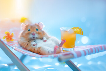 Happy hamster lies on a sun lounger with cocktail on pastel blue background, vacation concept, copy space