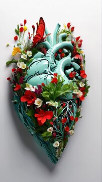 Heart made of arteries and flowers, spring and health concept, vertical illustration