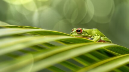 Vibrant red eyed amazon tree frog resting on lush palm leaf in tropical rainforest habitat