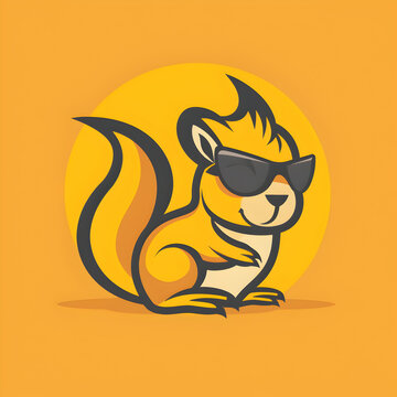 A logo illustration of a squirrel with sunglasses on yellow background.